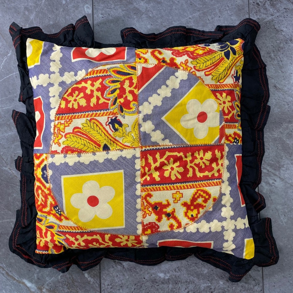 Vintage 70s Handmade Patchwork Boho Throw Pillow‎ Floral Ruffle Square
19.5"